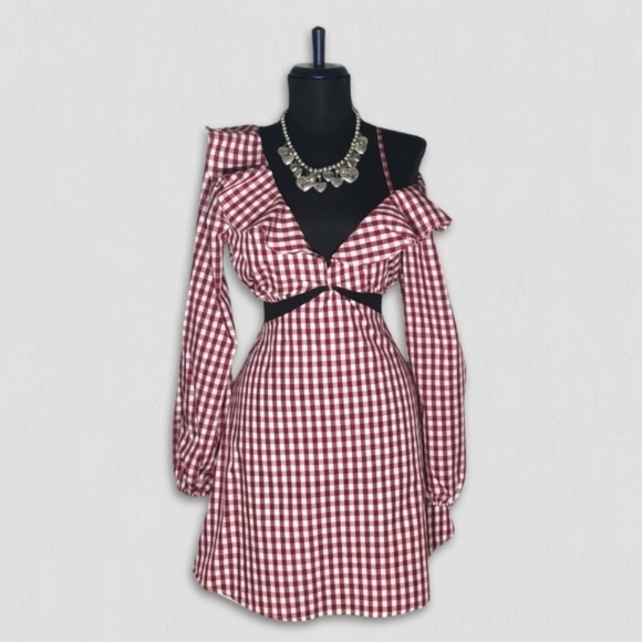 Lovers and Friends Gingham Red One Shoulder Mini Dress M - Picture 3 of 16